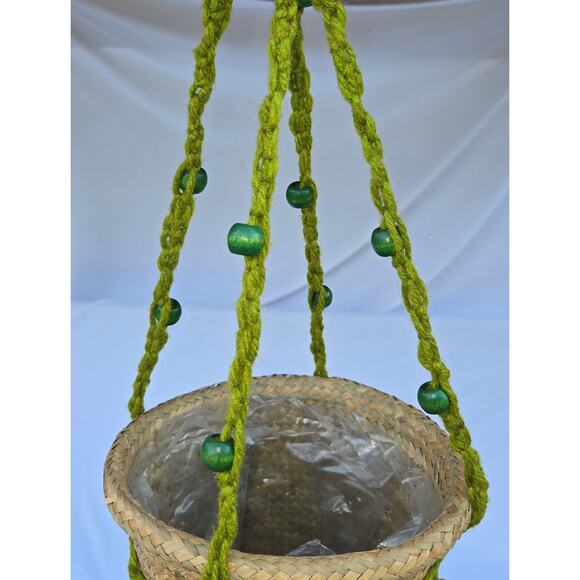 Vintage Yarn Macrame Green Beads Pot Plant Holder Hanger 38" for 10" to 12" Pots - Picture 2 of 8